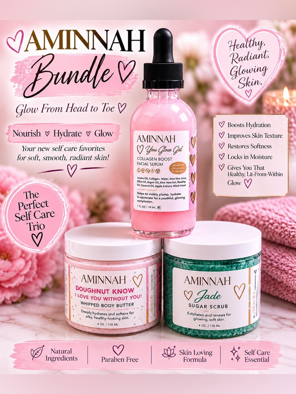 Pink Collagen Boost Facial Serum + Body Butter & Sugar Scrub Bundle